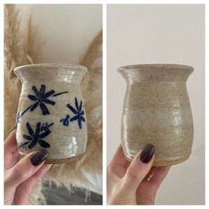 Vintage pottery vase handmade pen cup grey neutral blue floral pattern